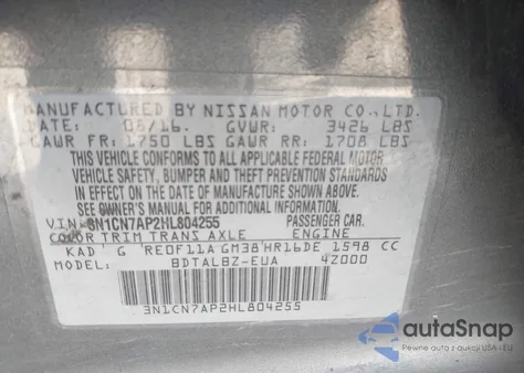 2017 Nissan Versa 1.6 Sv z USA, uszkodzony, nr VIN 3N1CN7AP2HL804255